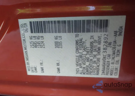 2019 Nissan Maxima 3.5 Sr z USA, uszkodzony, nr VIN 1N4AA6AV0KC382892